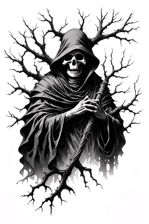 dead tree branches transitioning into a grim reaper tattoo design idea