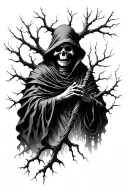 dead tree branches transitioning into a grim reaper tattoo design idea