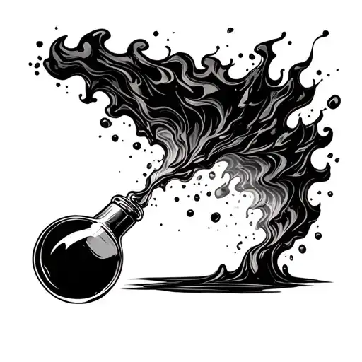 A simple, minimalist ink bottle spilling ink that morphs into flames, a storm, and ash as it flows upward. tattoo design idea