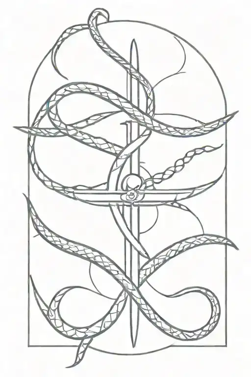 A spine tattoo design featuring a sword, a snake, the triple moon, and pearls tattoo design idea