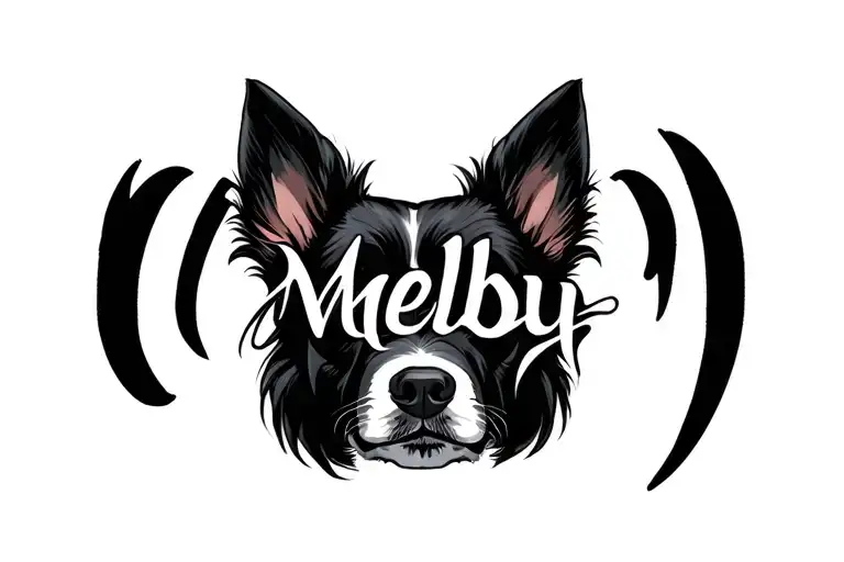 large dog ears with Melby written in the middle tattoo design idea