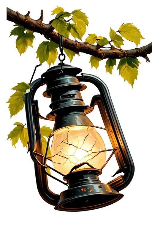 cracked lantern, still lit, hanging from a bent low branch on a willow tree  tattoo design idea