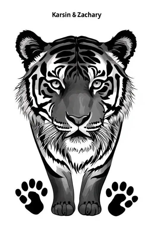 flowers, mama tiger and cubs for kids names Karsin and Zachary with foot prints tattoo design idea