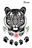 flowers, mama tiger and cubs for kids names Karsin and Zachary with foot prints tattoo design idea