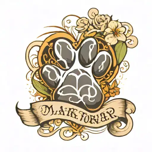 A paw print with the words “a mark on my heart forever” written under it in cursive  tattoo design idea