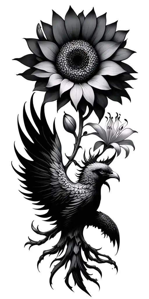 sunflower, lotus, spider lily with phoenix intertwined  tattoo design idea