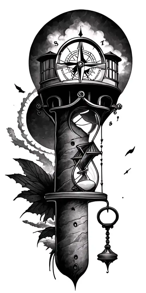 lighthouse, hourglass and compass tattoo design idea