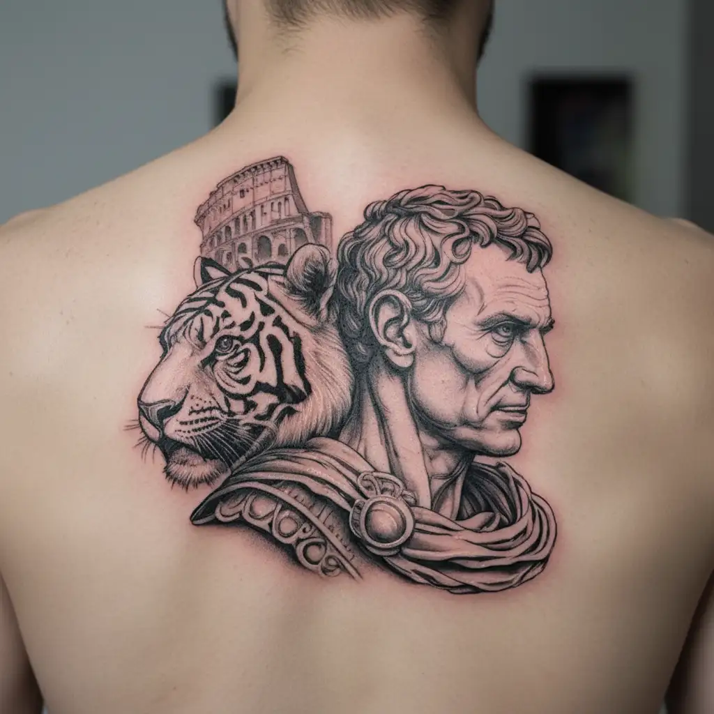 A detailed portrait of Julius Caesar with a tiger wrapped around his arm, set against the backdrop of the Colosseum tattoo design idea