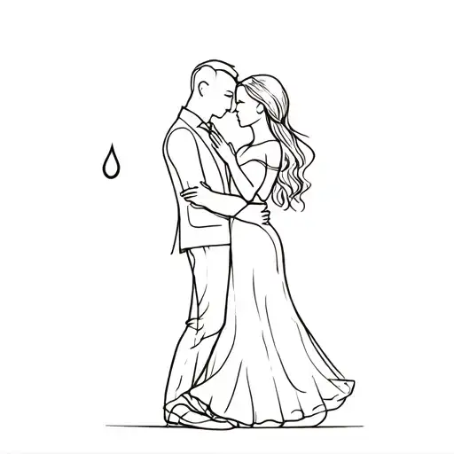 A silhouette of a couple dancing, very minimal, with a tiny teardrop as a subtle emotional accent tattoo design idea