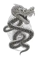 mongoose snake, snake coiled, mongooose bearing fangs, snake bearing fangs, action pose tattoo design idea