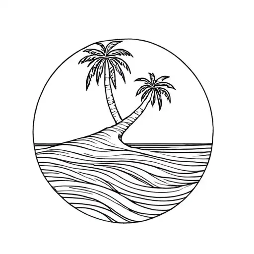circle with waves inside, palm tree over top of it all tattoo design idea