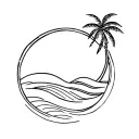 circle with waves inside, palm tree over top of it all tattoo design idea