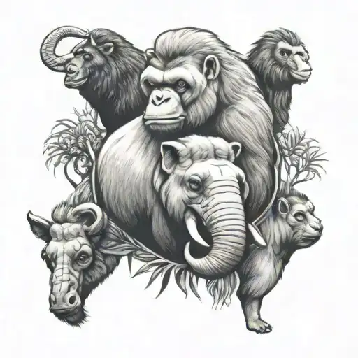 sloth, elephant, gorilla, capybara, giraffe tattoo design idea
