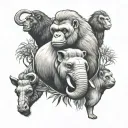 sloth, elephant, gorilla, capybara, giraffe tattoo design idea