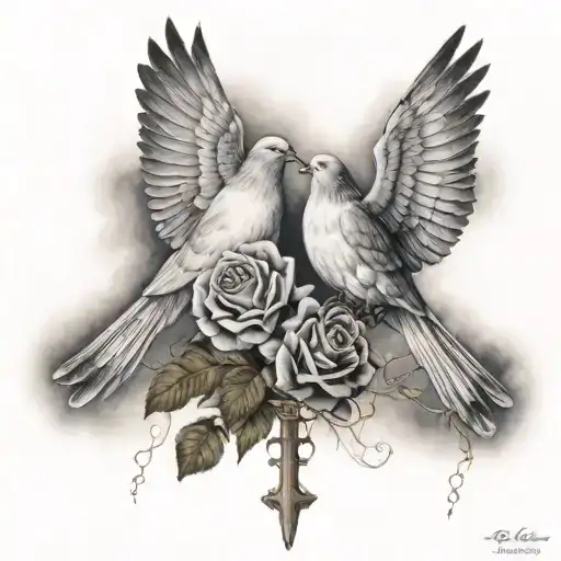 2 doves face to face with a rose between them. A cross of Jesus crosses each of them. Clouds in the background tattoo design idea