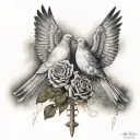 2 doves face to face with a rose between them. A cross of Jesus crosses each of them. Clouds in the background tattoo design idea