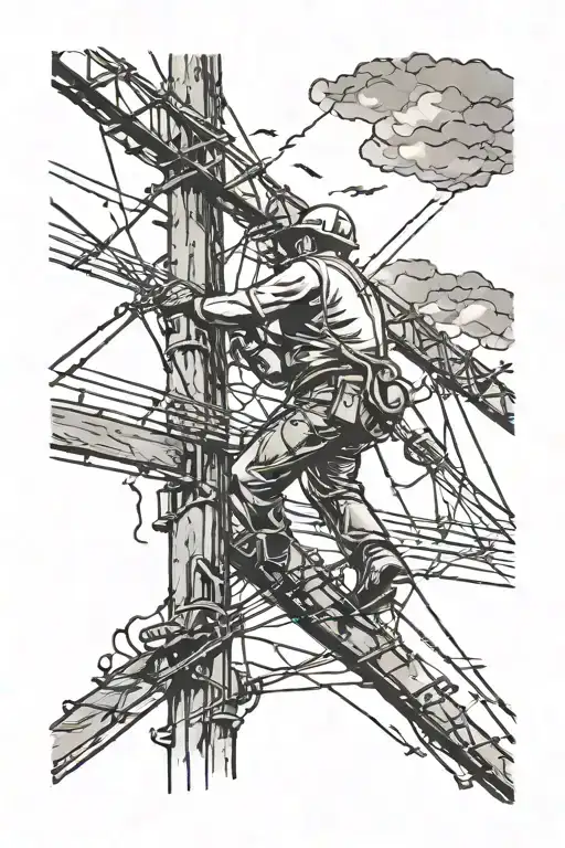 lineman working on power lines in a thunderstorm tattoo design idea