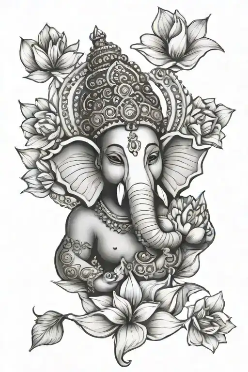 ganesha head shoulder tattoo surrounded in lotus flowers tattoo design idea