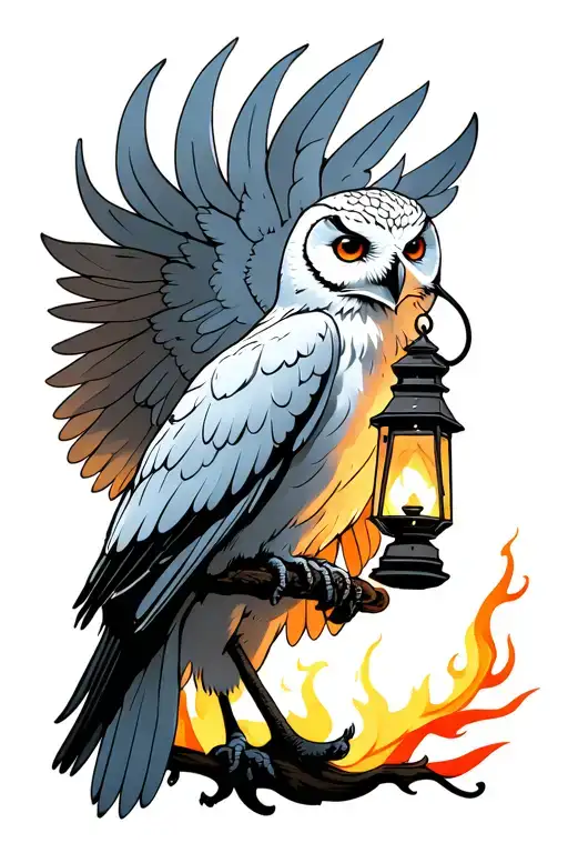 a white owl with wings open, side profile carrying a gothic lantern with flames coming out of the lantern around the owl tattoo design idea