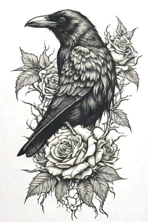 crow trapped in rose thorns tattoo design idea