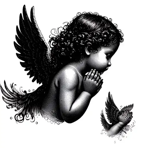 praying baby girl angel wings tattoo design idea