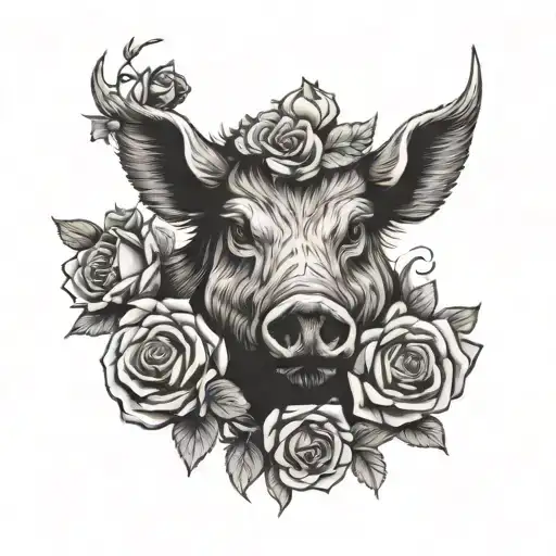 wild boar head and roses  tattoo design idea