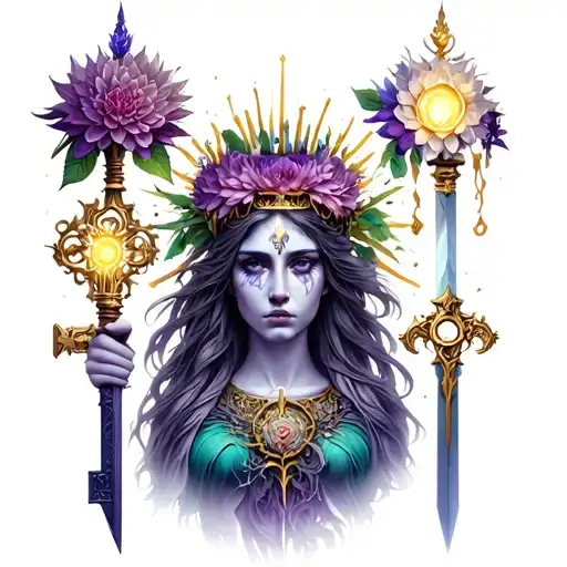 Hecate goddesses with dahlia, cereus and nightshade crowns holding key, light and dagger respectively  tattoo design idea