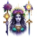 Hecate goddesses with dahlia, cereus and nightshade crowns holding key, light and dagger respectively  tattoo design idea