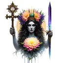 Hecate goddesses with dahlia, cereus and nightshade crowns holding key, light and dagger respectively  tattoo design idea