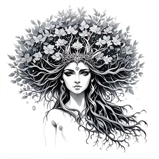 freya goddess, tree, whimsical, simple tattoo design idea