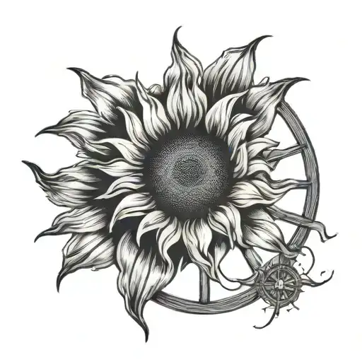 sunflower and wagon wheel traditional  tattoo design idea