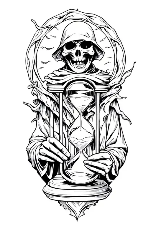 grim reaper holding an hourglass with swirling sand tattoo design idea