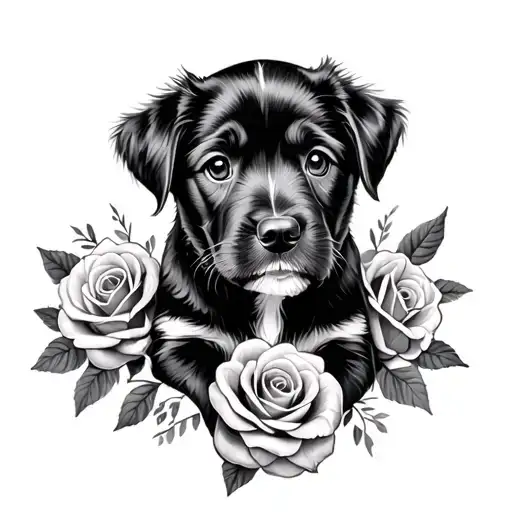 Leone and puppy sketch with realistic roses tattoo design idea