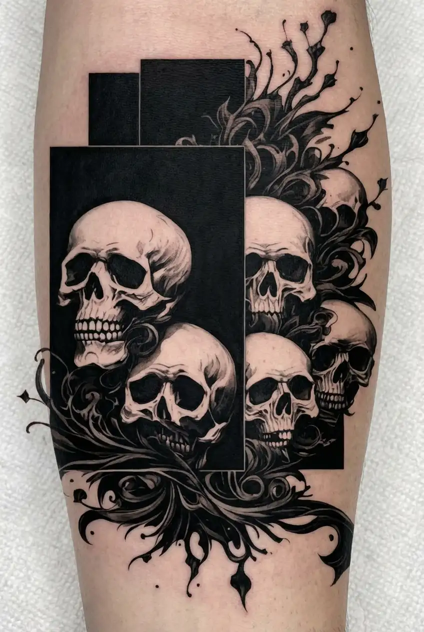 "Skulls around black square" Coverup tattoo design idea