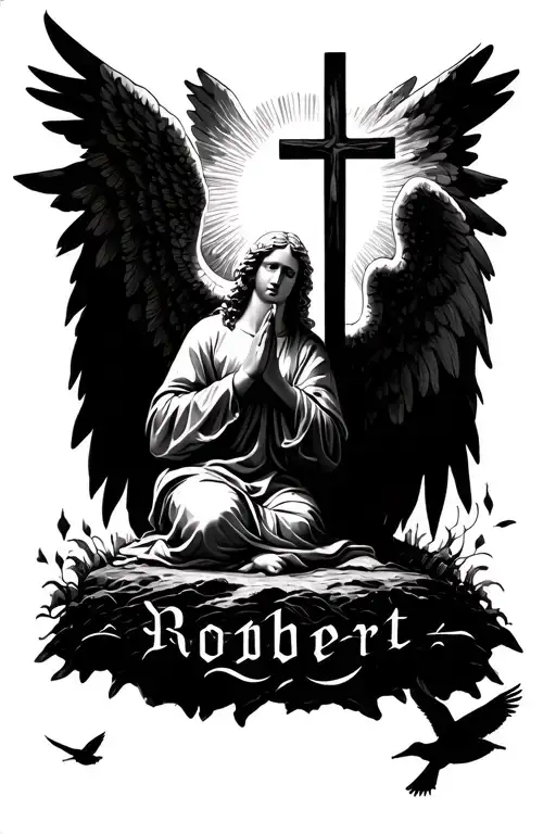 Sunshine onto triple crossTriple cross in the background of the angel praying“Robert” at the bottomLittle birds flyin tattoo design idea