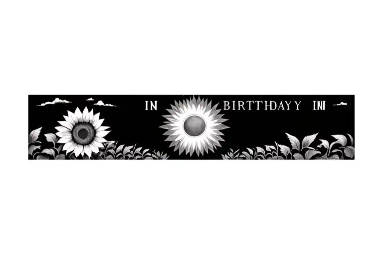 sunflower in fieldwith birthday in roman numerals and sun in background tattoo design idea