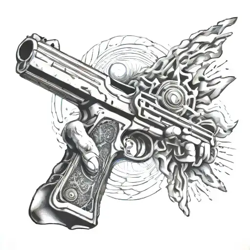 God holding a shotgun and shooting the Big Bang expansion of the universe from the barrel. tattoo design idea
