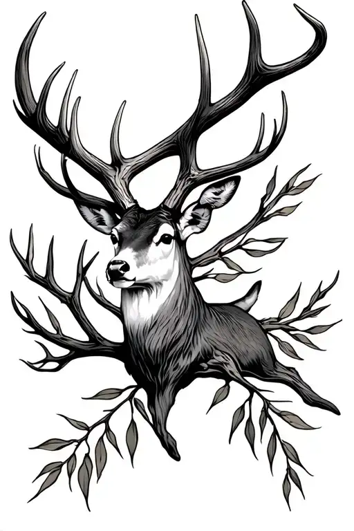 willow branch white tail deer antlers intertwined tattoo design idea