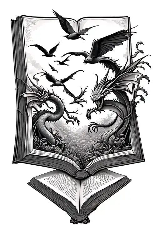 Create a fineline tattoo of an open book with flying dragons and Birds out of it.  tattoo design idea