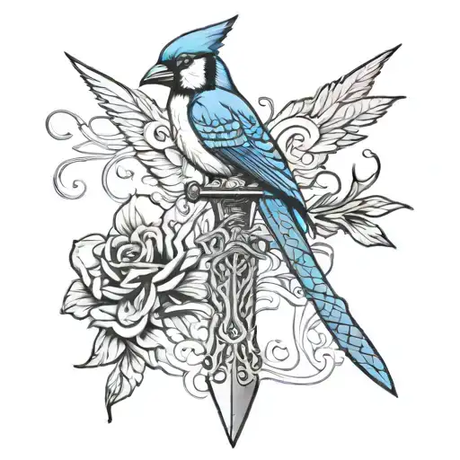 sword as a cross with a snake going up the blade and a blue jay sitting on handle tattoo design idea