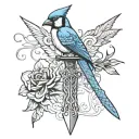 sword as a cross with a snake going up the blade and a blue jay sitting on handle tattoo design idea