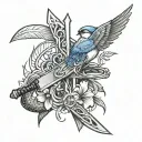 sword as a cross with a snake going up the blade and a blue jay sitting on handle tattoo design idea