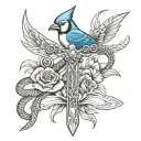 sword as a cross with a snake going up the blade and a blue jay sitting on handle tattoo design idea