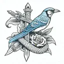 sword as a cross with a snake going up the blade and a blue jay sitting on handle tattoo design idea