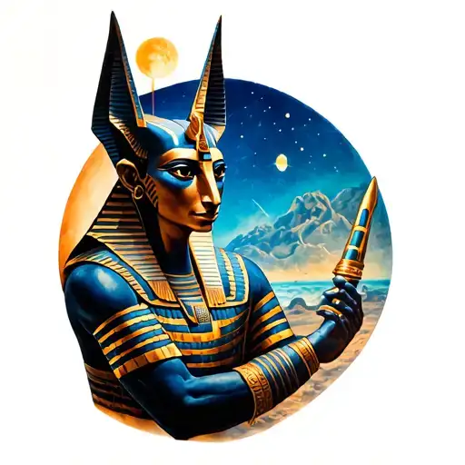 Anubis egypcian god holding time travel with back round of the worlds start  tattoo design idea