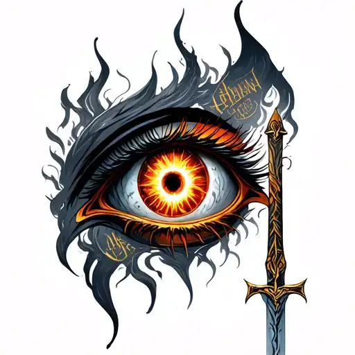 eye of sauron, narsil sword, elvish script flowing tattoo design idea