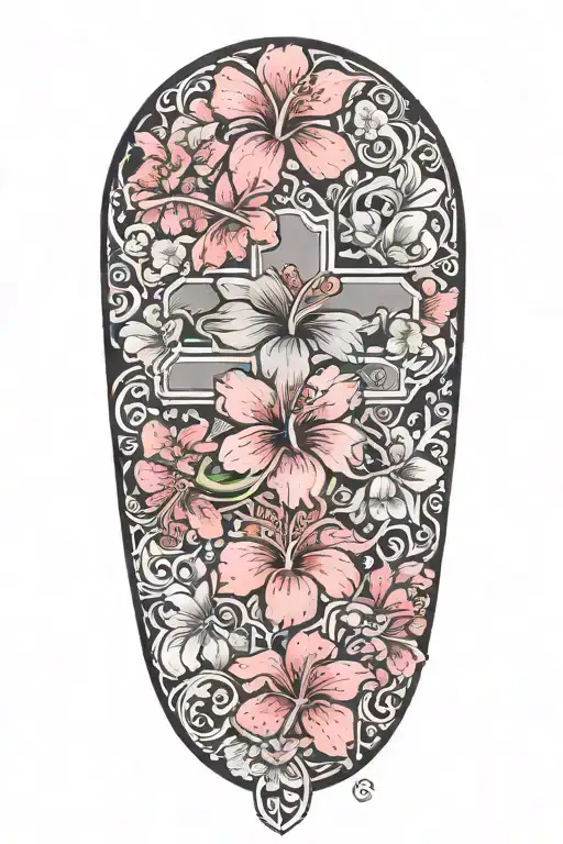 wrist to elbow sleeve with hibiscus flowers and lots of cherry blossoms with a cut out cross in the middle tattoo design idea