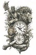 warrior with an axe and a lion and a book and a tree and a clock tattoo design idea