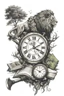 warrior with an axe and a lion and a book and a tree and a clock tattoo design idea