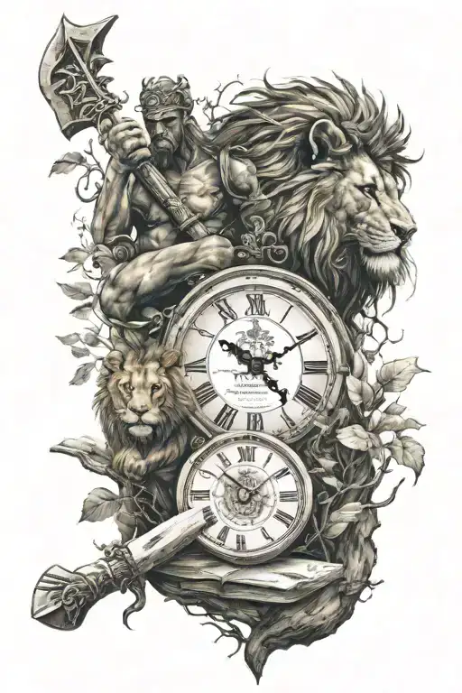 warrior with an axe and a lion and a book and a tree and a clock tattoo design idea